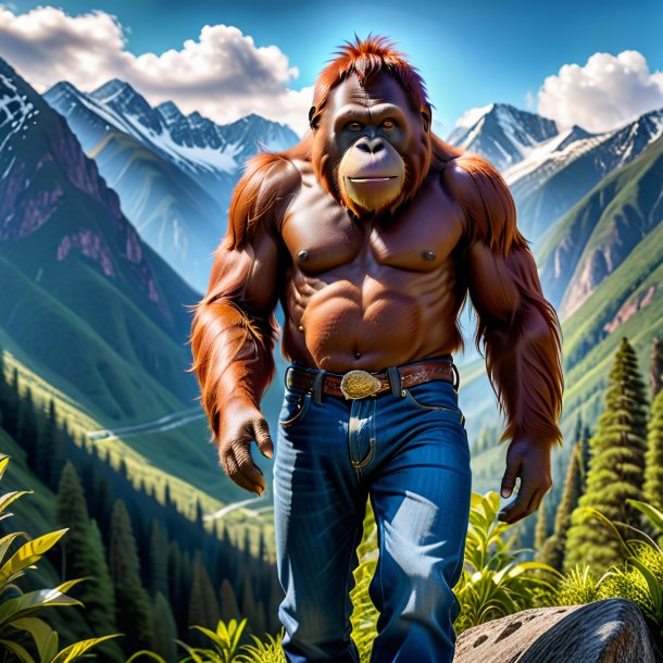 Pic of a orangutan in a jeans in the mountains