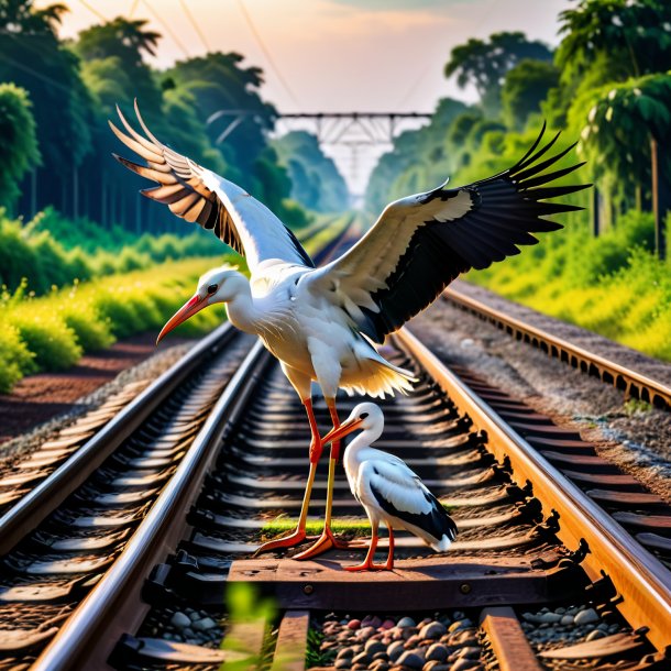 Photo of a eating of a stork on the railway tracks