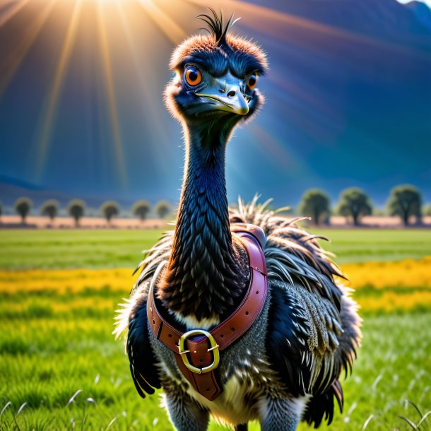 Image of a emu in a belt on the field