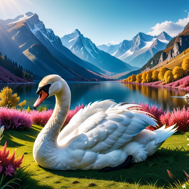 Image of a resting of a swan in the mountains