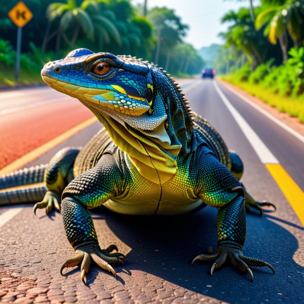 Imagem de uma espera de um lagarto monitor na estrada