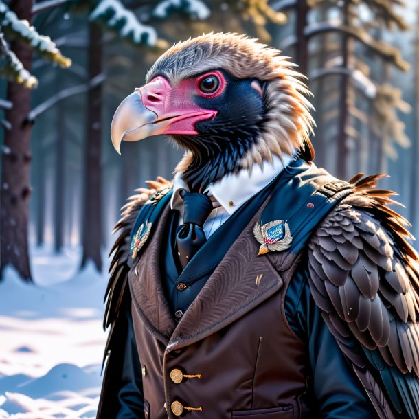 Photo of a vulture in a vest in the snow