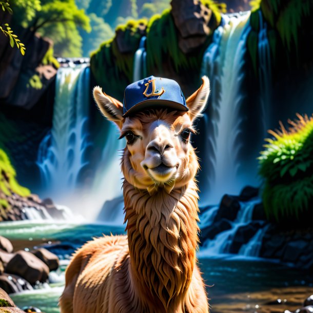 Foto de uma lhama em um boné na cachoeira