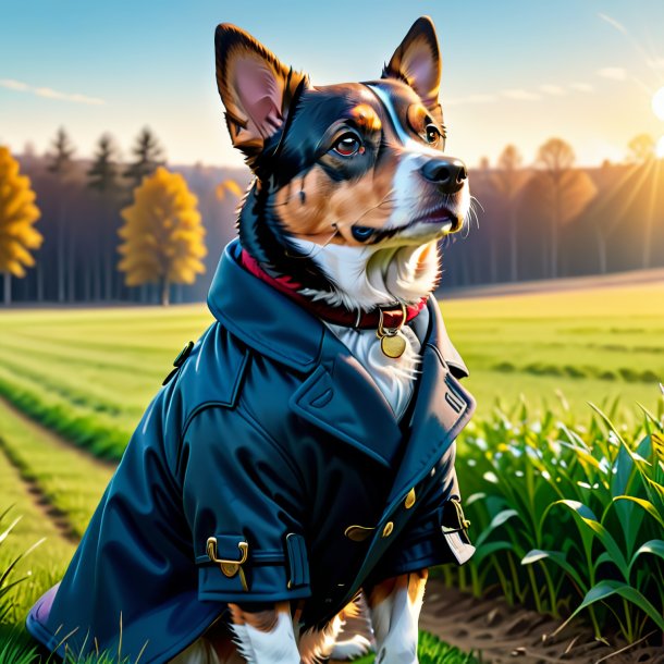 Illustration of a dog in a coat on the field