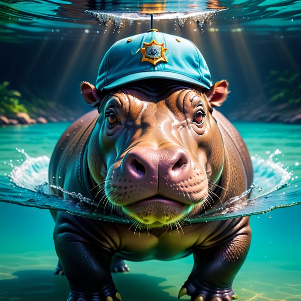 Illustration of a hippopotamus in a cap in the water