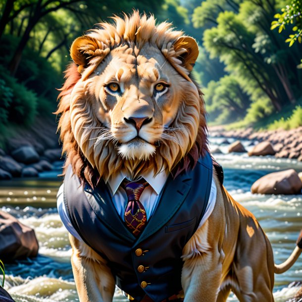 Photo of a lion in a vest in the river