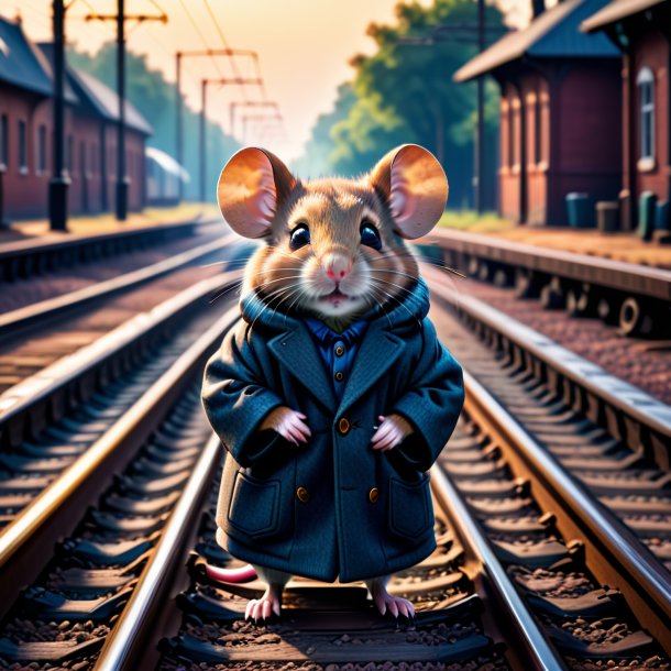 Photo of a mouse in a coat on the railway tracks