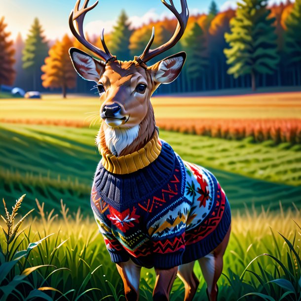 Illustration of a deer in a sweater on the field