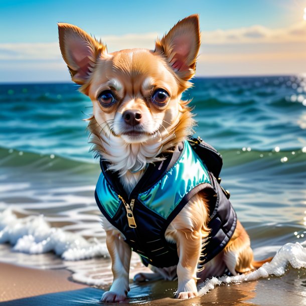 Foto de um chihuahua em um colete no mar