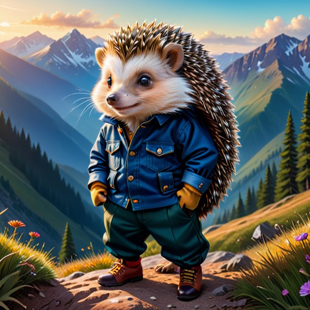 Drawing of a hedgehog in a trousers in the mountains