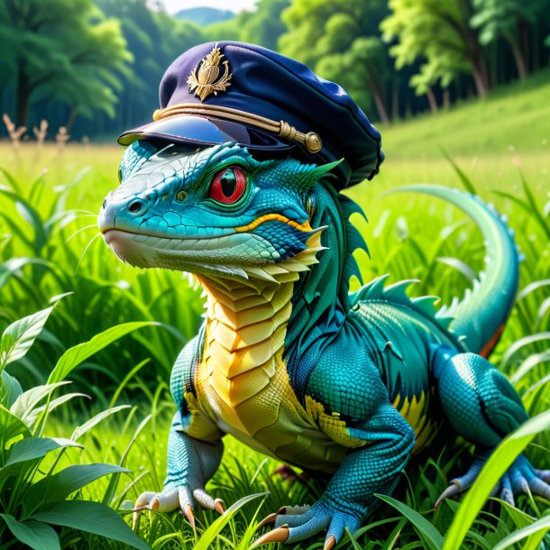 Picture of a basilisk in a cap in the meadow