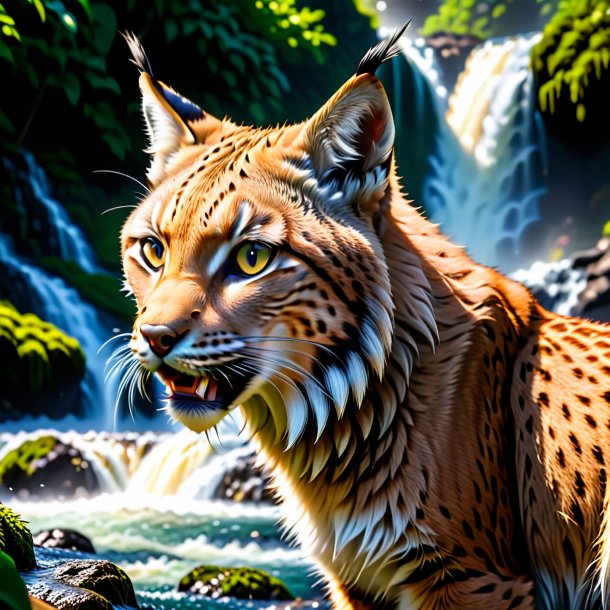 Photo of a eating of a lynx in the waterfall