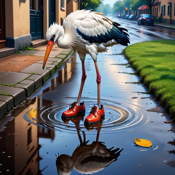 Drawing of a stork in a shoes in the puddle