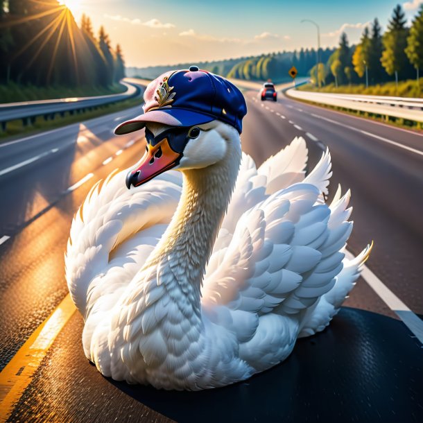 Foto de um cisne em um boné na rodovia