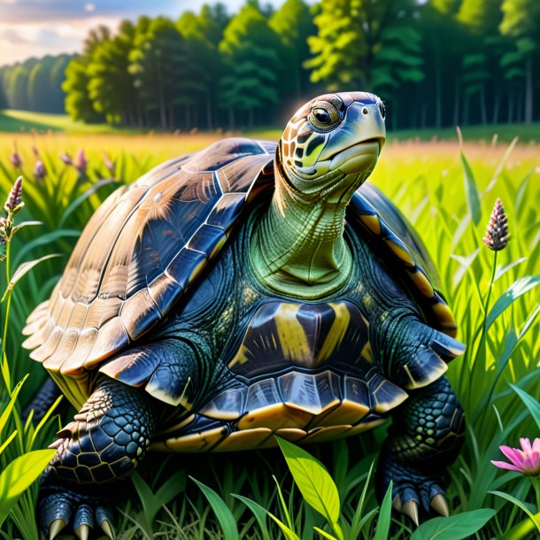 Picture of a turtle in a coat in the meadow