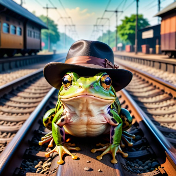 Foto de um sapo em um chapéu nos trilhos ferroviários