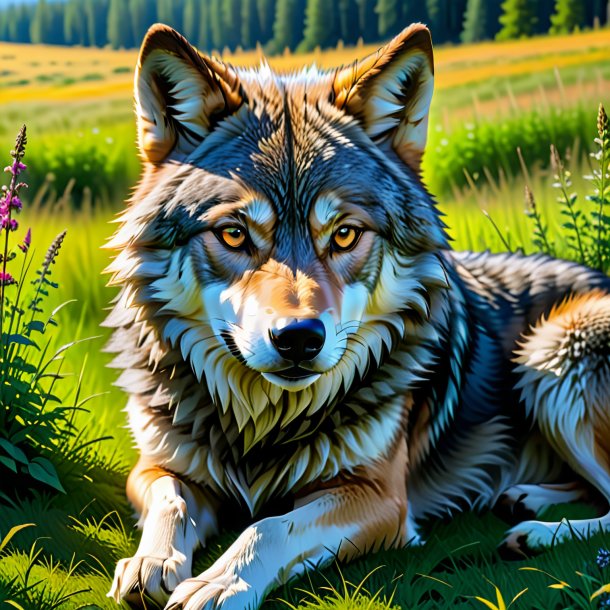 Picture of a resting of a wolf in the meadow