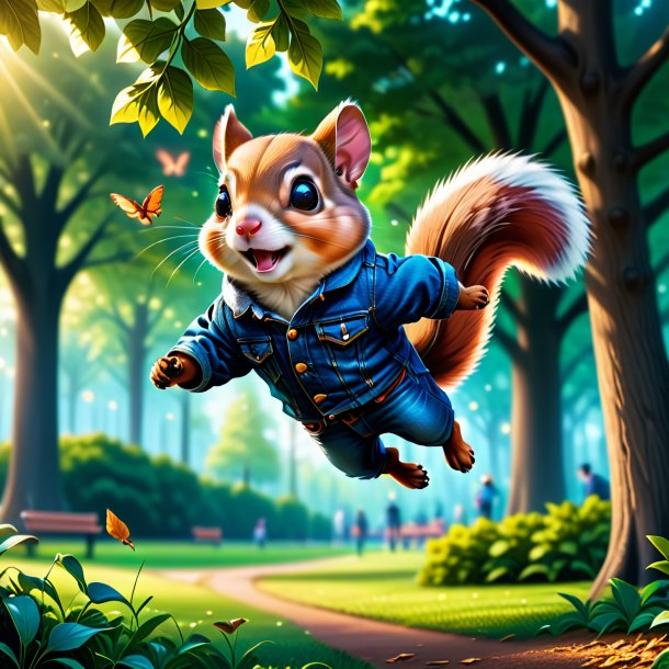 Illustration of a flying squirrel in a jeans in the park