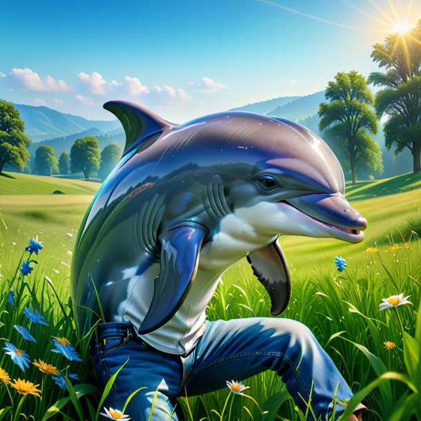 Image of a dolphin in a jeans in the meadow