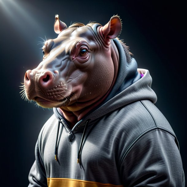 Photo of a hippopotamus in a gray hoodie