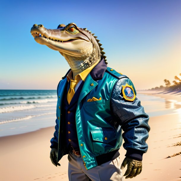 Image of a alligator in a jacket on the beach