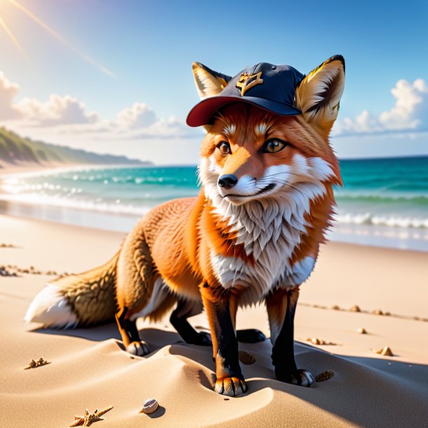 Image d'un renard dans une casquette sur la plage