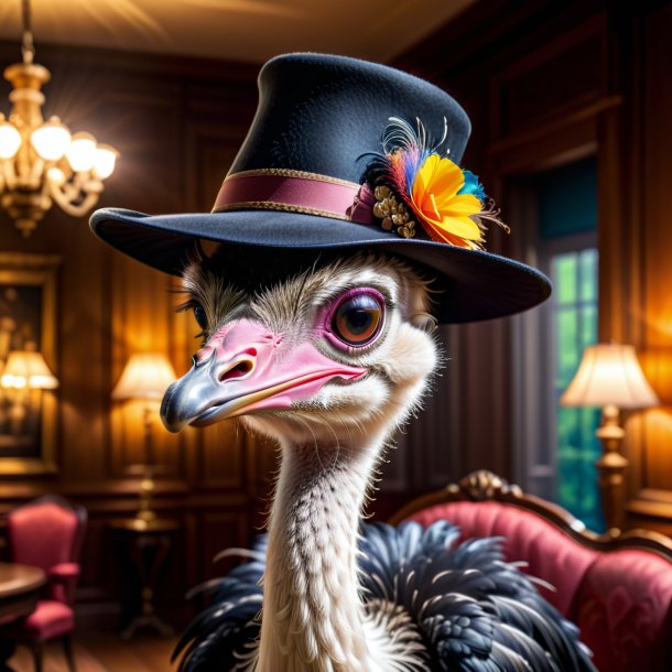 Pic of a ostrich in a hat in the house