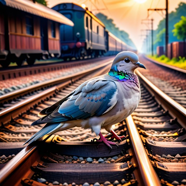 Picture of a dove in a cap on the railway tracks