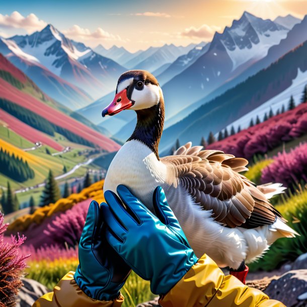 Picture of a goose in a gloves in the mountains