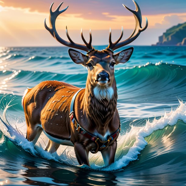 Photo of a deer in a belt in the sea