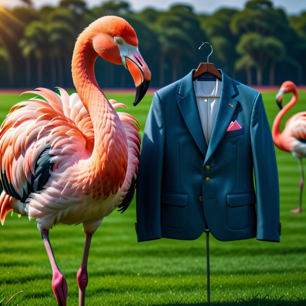 Pic of a flamingo in a jacket on the field