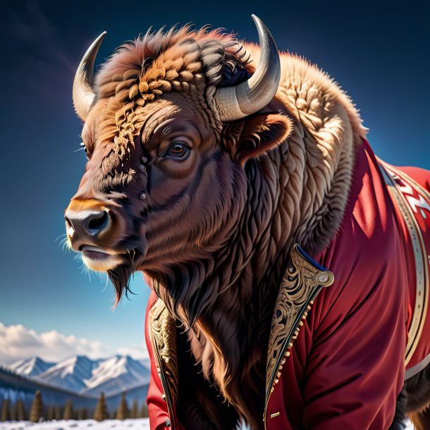 Picture of a bison in a red jacket