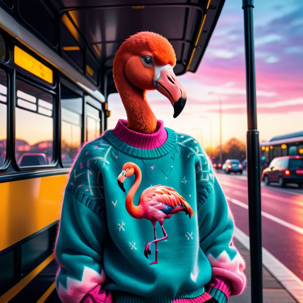 Imagem de um flamingo em um suéter no ponto de ônibus