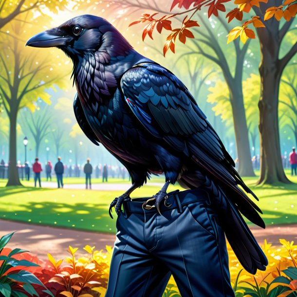 Drawing of a crow in a trousers in the park