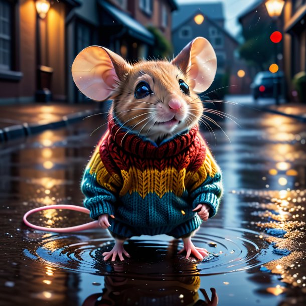 Image of a mouse in a sweater in the puddle