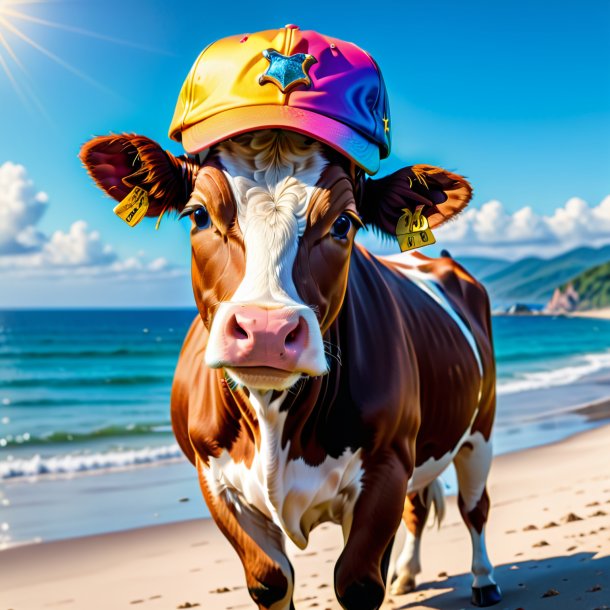 Image of a cow in a cap on the beach