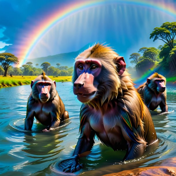 Image of a swimming of a baboon on the rainbow