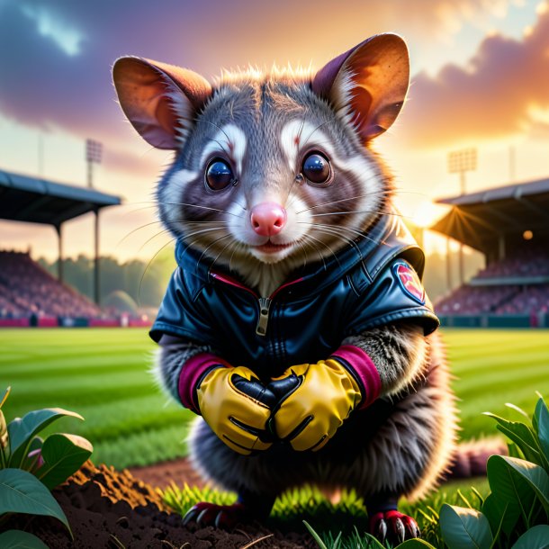 Image of a possum in a gloves on the field