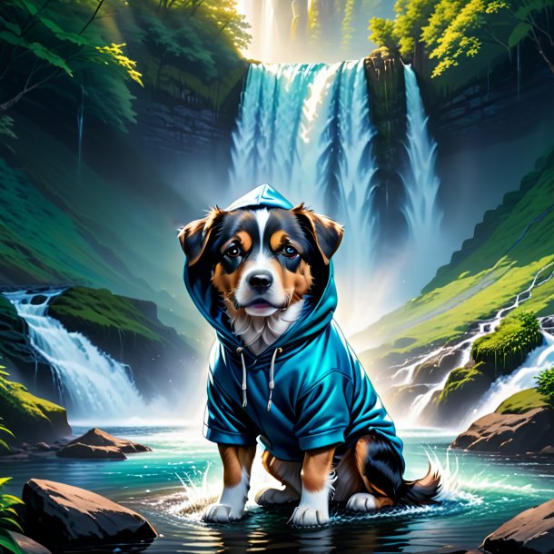 Illustration of a dog in a hoodie in the waterfall