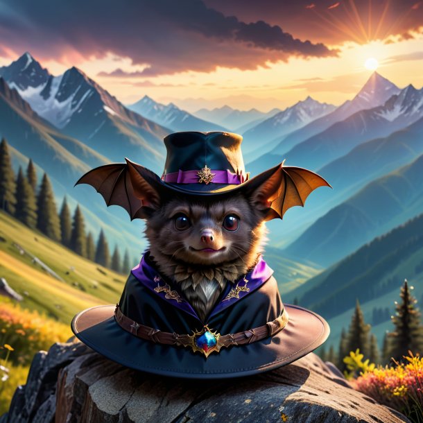 Picture of a bat in a hat in the mountains