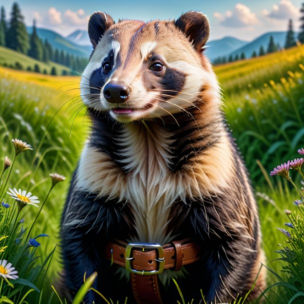 Picture of a badger in a belt in the meadow