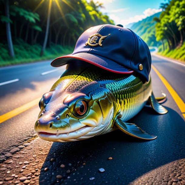 Pic of a eel in a cap on the road