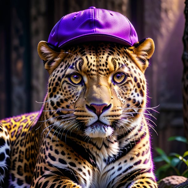 Foto de un leopardo en una gorra púrpura