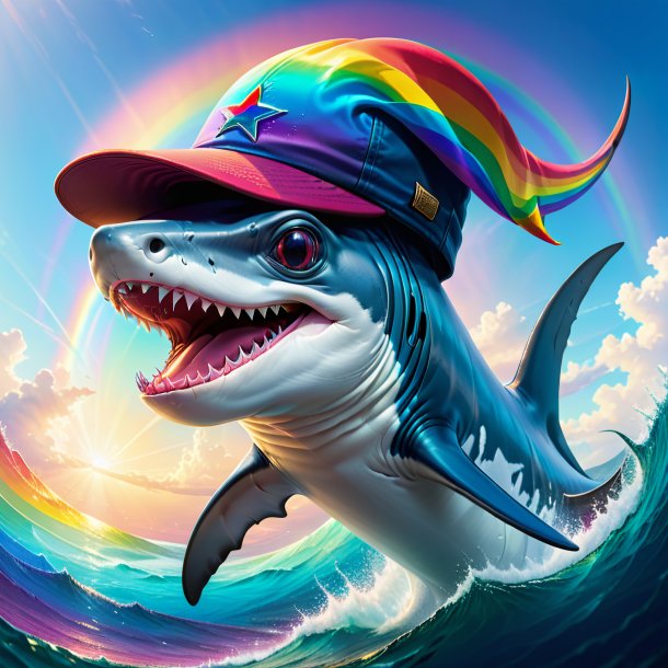 Illustration of a hammerhead shark in a cap on the rainbow