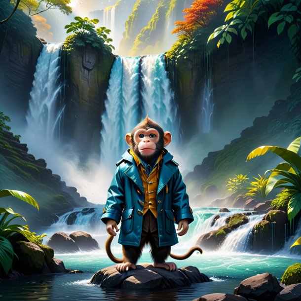 Illustration of a monkey in a coat in the waterfall