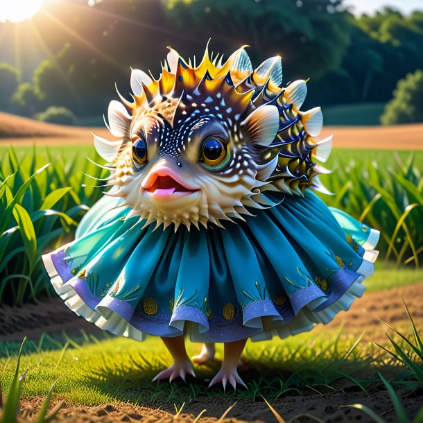 Drawing of a pufferfish in a skirt on the field