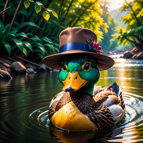 Pic d'un canard dans un chapeau dans la rivière