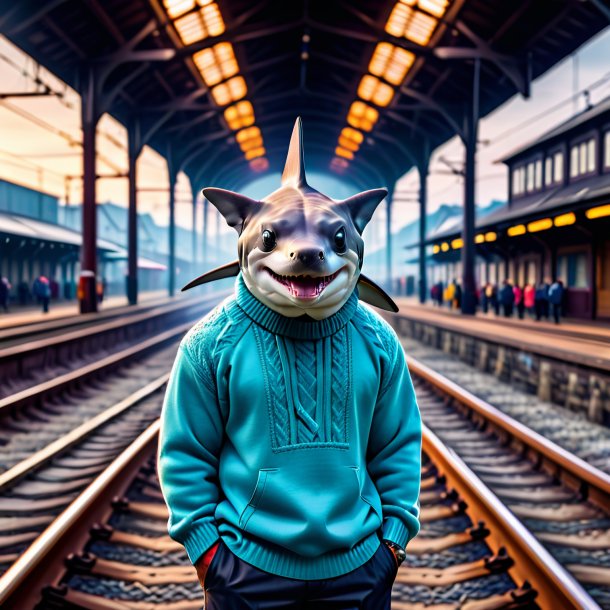 Picture of a hammerhead shark in a sweater on the railway tracks