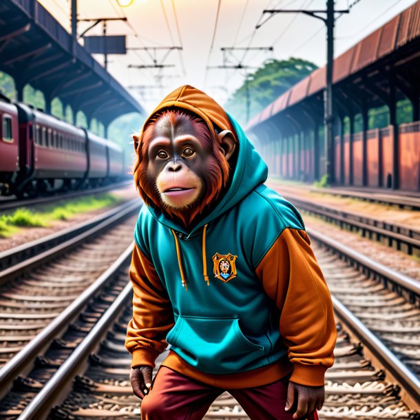 Imagen de un orangután en una sudadera con capucha en las vías del ferrocarril