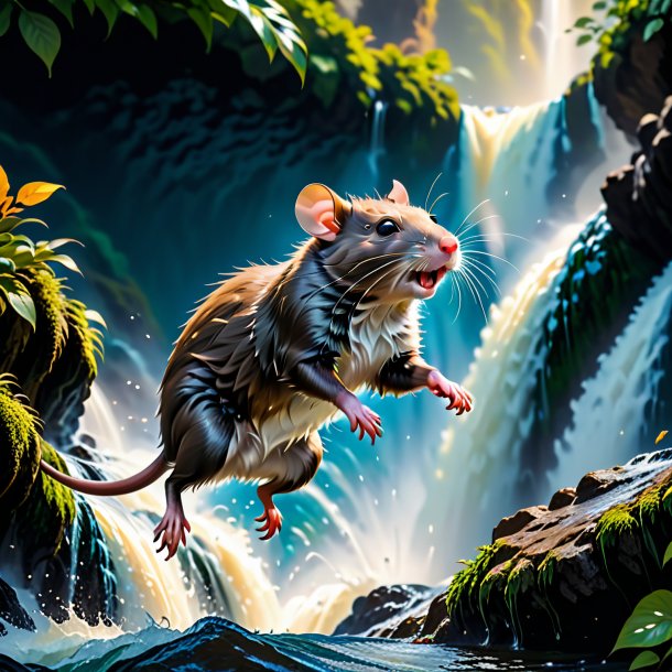 Picture of a jumping of a rat in the waterfall